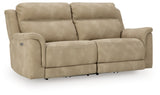 Ashley Furniture Next-Gen DuraPella Power Reclining Sofa in a modern design, shown from an angled view with closed recliners.