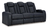 Ashley Furniture Fyne-Dyme Power Reclining Sofa shown from an angled view, featuring plush cushions and a sleek reclining design.
