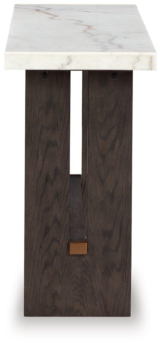Ashley Furniture Burkhaus sofa table with wooden surface and metal legs, ideal for living room decor and convenient surface space