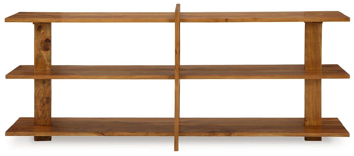 Ashley Furniture Fayemour console sofa table with a sleek wooden top and sturdy legs, ideal for living room decor.