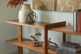 Ashley Furniture Fayemour console sofa table with sleek wooden top and black metal legs, ideal for living room decor.