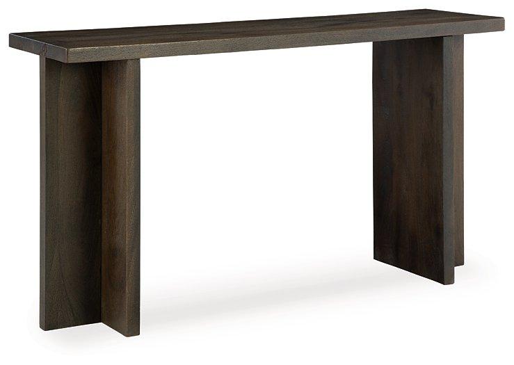 Ashley Furniture Jalenry console sofa table with sleek wooden surface and modern design, perfect for living room decor.