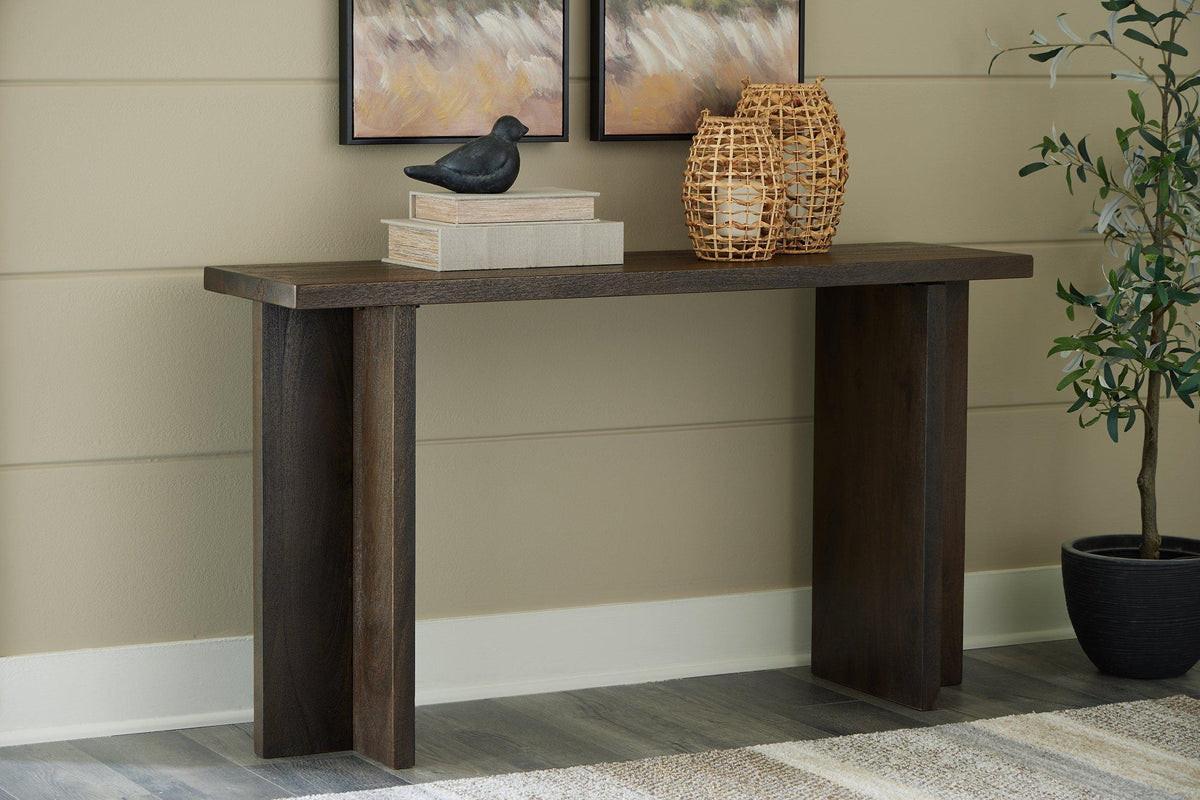 Ashley Furniture Jalenry console sofa table with a sleek wooden finish and modern design, ideal for living room decor.