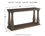 Ashley Furniture Johnelle sofa table with a sleek wooden top and metal legs, perfect for living room decor.