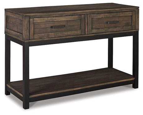 Ashley Furniture Johurst sofa console table with a sleek wooden surface and modern design, ideal for living room decor.