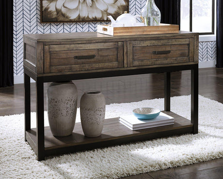 Ashley Furniture Johurst sofa console table with a sleek wooden surface and modern design, perfect for living room decor