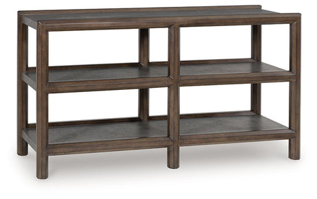 Ashley Furniture Kallenny sofa table with a sleek wooden surface and angled legs, showcased from an side angle.