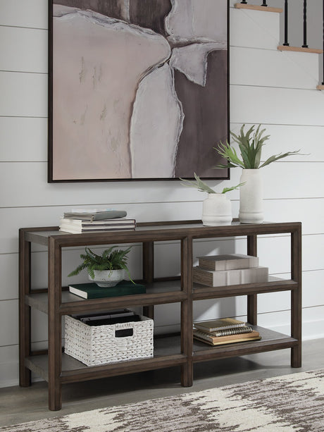 Ashley Furniture Kallenny sofa table with a sleek wooden top and metal legs, perfect for living room décor.
