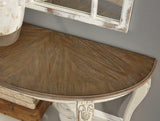 Ashley Furniture Realyn sofa table with a wood finish, featuring a rectangular top and open lower shelf for living room decor.
