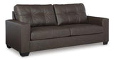 Ashley Furniture Barlin Mills sofa with plush beige fabric and modern design, featuring wide armrests and comfortable cushioning.