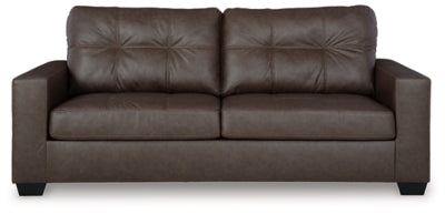 Ashley Furniture Barlin Mills sofa in a neutral fabric, showcasing plush cushions and a modern design from a head-on view.