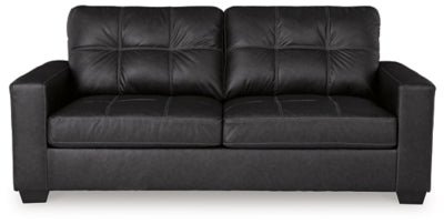 Ashley Furniture Barlin Mills sofa with plush cushions and neutral upholstery, shown from a head-on view.