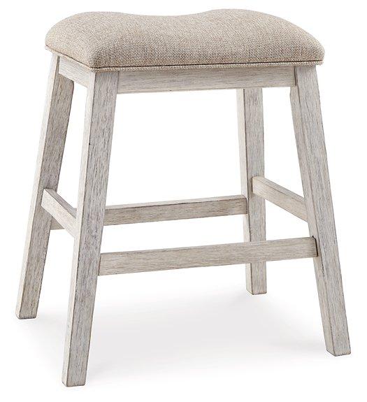 Ashley Furniture Skempton counter height bar stool with wooden frame and cushioned seat, ideal for kitchen or bar area.