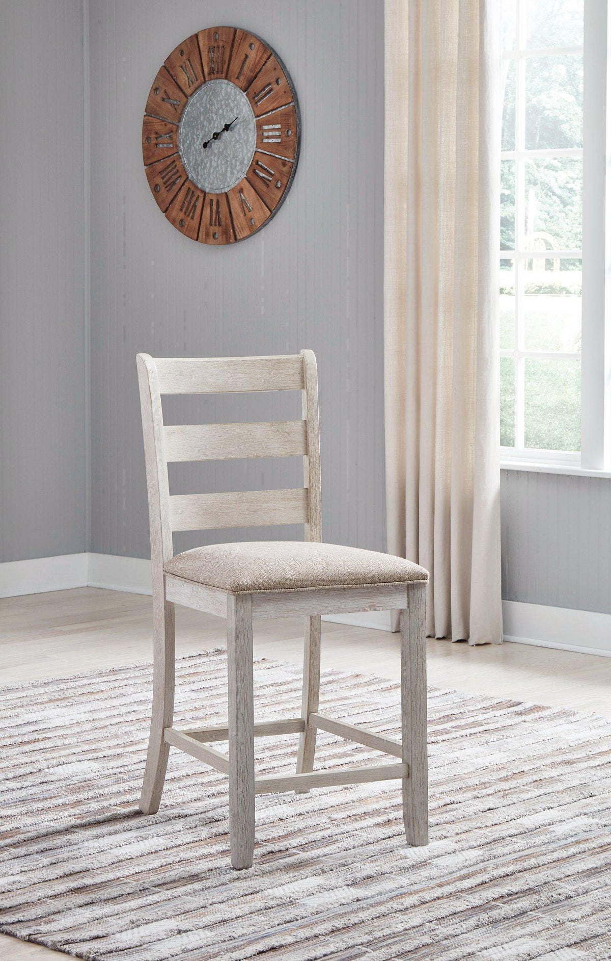 Ashley Furniture Skempton counter height bar stool with wooden frame and cushioned seat, ideal for kitchen or bar area.