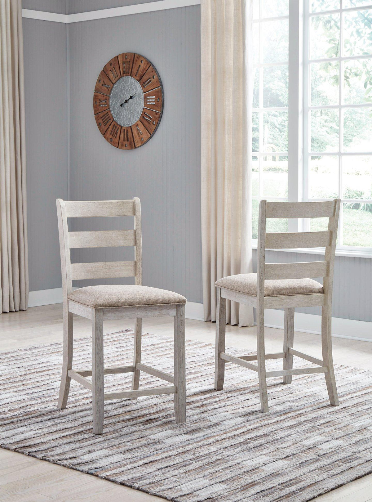 Ashley Furniture Skempton counter height bar stool with wooden legs and cushioned seat, ideal for kitchen or bar area.