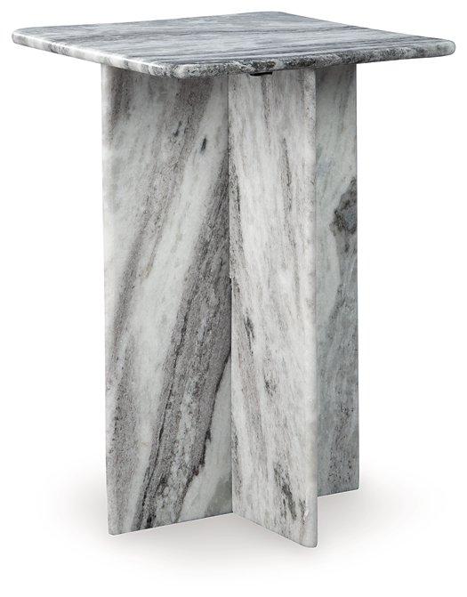 Ashley Furniture Keithwell accent table with wooden top and sleek metal legs, perfect for living room or bedroom decor.