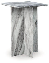 Ashley Furniture Keithwell accent table with wooden top and sleek metal legs, perfect for living room or bedroom decor.