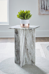 Ashley Furniture Keithwell accent table with a sleek wooden top and sturdy metal legs, perfect for living room decor.