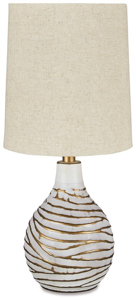 Ashley Furniture Aleela table lamp with a sleek design, featuring a modern base and a fabric shade for stylish lighting.