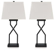 Set of two Ashley Furniture Brookthrone table lamps with fabric shades and wooden bases, ideal for bedside or living room decor