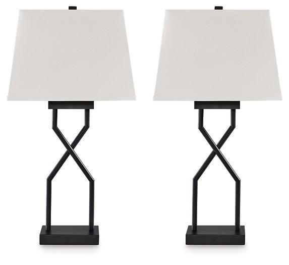 Set of two Ashley Furniture Brookthrone table lamps with fabric shades and wooden bases, ideal for bedside or living room decor