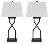 Set of two Ashley Furniture Brookthrone table lamps with fabric shades and wooden bases, ideal for bedside or living room decor