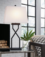Set of two Ashley Furniture Brookthrone table lamps with fabric shades and wooden bases, ideal for living room or bedside decor.