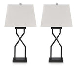 Set of two Ashley Furniture Brookthrone table lamps with fabric shades and antique bronze bases, perfect for bedside or living room decor.