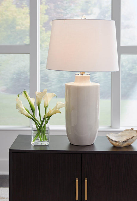 Ashley Furniture Cylener table lamp with a modern ceramic base and fabric shade, ideal for living room or bedside decor.