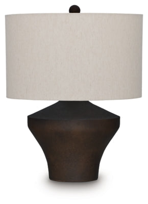 Dolanham table lamp by Ashley Furniture with a classic design, featuring a beige fabric shade and wooden base.