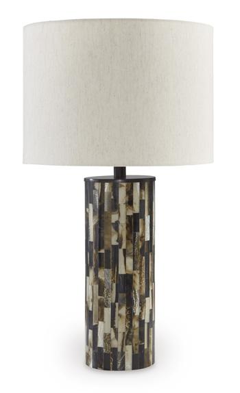 Ellford table lamp by Ashley Furniture featuring a modern design with a neutral fabric shade and a sleek base for bedside or living room use.