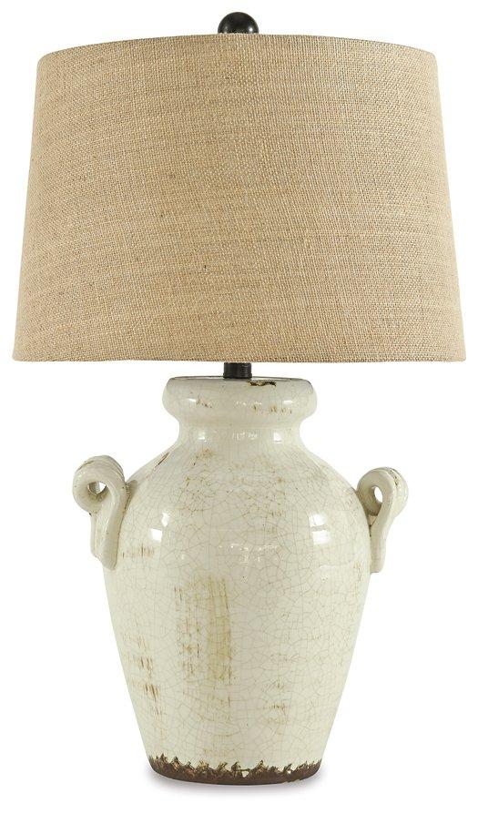 Emelda table lamp by Ashley Furniture with a sleek design and fabric shade, perfect for modern home decor.