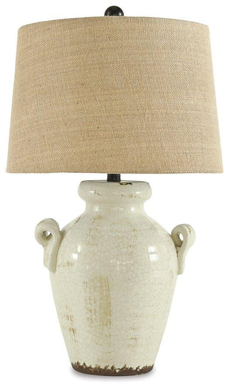 Emelda table lamp by Ashley Furniture with a sleek design and fabric shade, perfect for modern home decor.