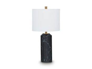 Hanzila Ashley Furniture table lamp with beige fabric shade and wooden base on a modern side table.