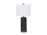 Hanzila Ashley Furniture table lamp with beige fabric shade and wooden base on a modern side table.