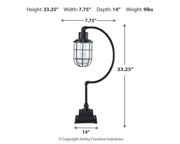 Ashley Furniture Jae Table Lamp with a sleek, modern design featuring a fabric shade and a sturdy base for desk or bedside use.