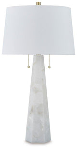 Laurellen table lamp by Ashley Furniture with a sleek base and fabric lampshade, ideal for living room or bedside decor.