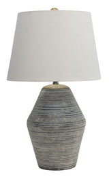 Ashley Furniture Lawrock table lamp with a modern design, featuring a sleek base and a fabric lampshade.
