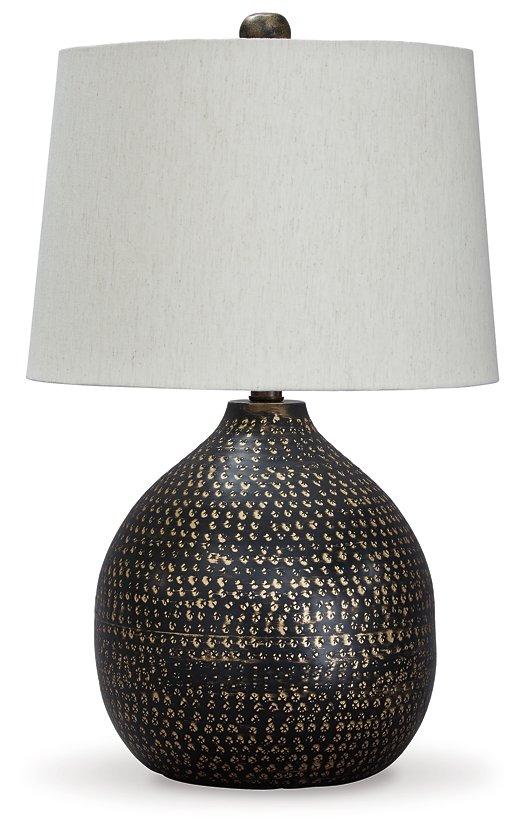 Maire Ashley Furniture table lamp with a sleek ceramic base and fabric shade, perfect for bedside or living room lighting.