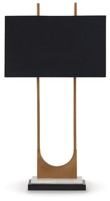 Ashley Furniture Malana table lamp with beige fabric shade and wooden base, ideal for living room or bedside decor.