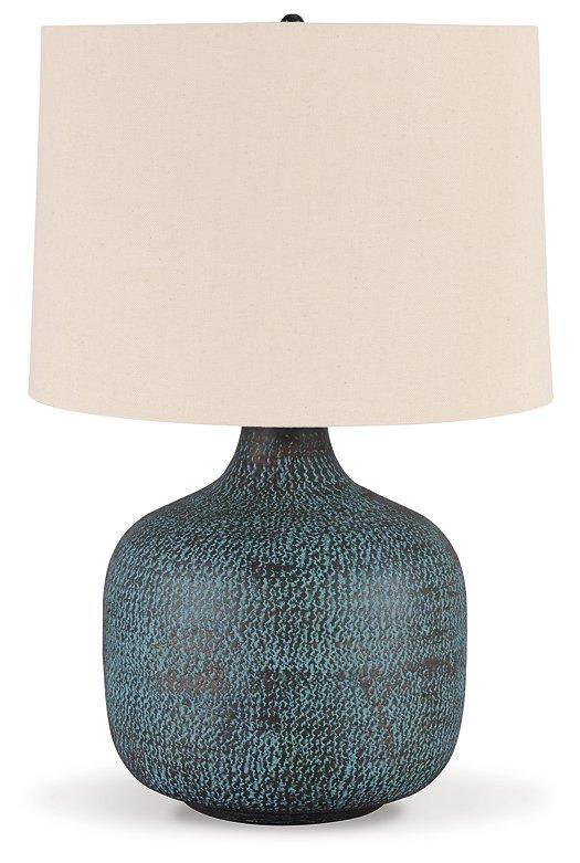 Malthace table lamp with a sleek base and fabric shade, designed by Ashley Furniture for stylish home lighting.