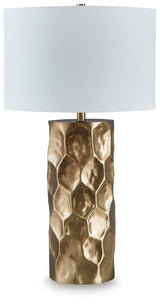 Marshawn table lamp by Ashley Furniture featuring a sleek modern design with a fabric shade on a sturdy base.