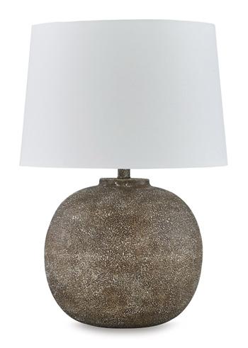 Ashley Furniture Neavesboro table lamp with a classic design, featuring a beige fabric lampshade and a wooden base.