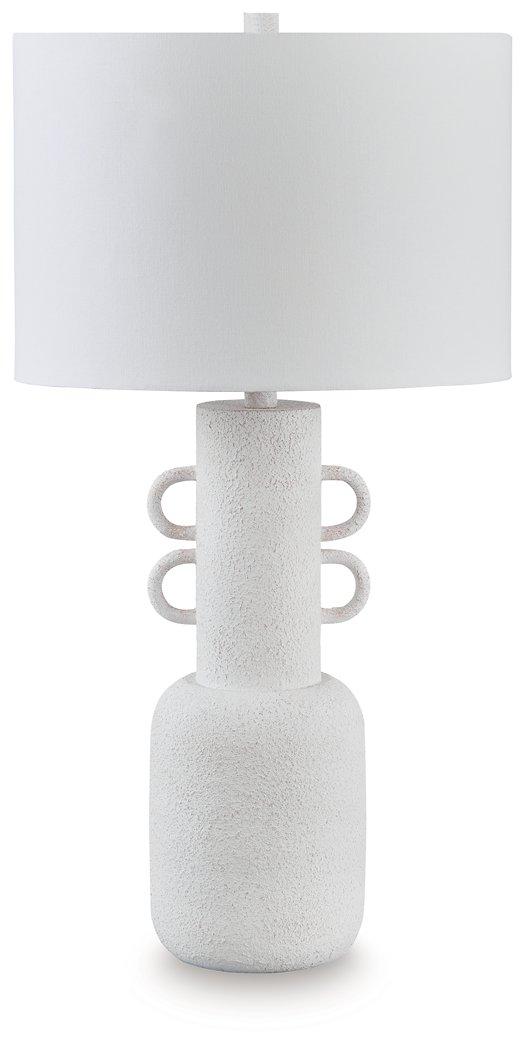 Perringhill table lamp by Ashley Furniture with a classic design, featuring a fabric shade and wooden base on a side table.