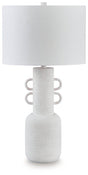Perringhill table lamp by Ashley Furniture with a classic design, featuring a fabric shade and wooden base on a side table.