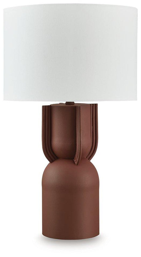 Ashley Furniture Rowandale table lamp with a beige fabric shade and dark metal base, placed on a wooden side table.