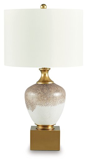 Ashley Furniture Tavisburg Table Lamp with a sleek design and neutral-colored shade, perfect for modern living room decor.