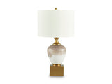 Ashley Furniture Tavisburg table lamp with a beige fabric shade and wooden base, ideal for living room or bedroom decor.