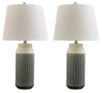 Pair of Ashley Furniture Afener table lamps with beige fabric shades and wooden bases, ideal for bedside or living room decor.