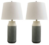 Pair of Ashley Furniture Afener table lamps with beige fabric shades and wooden bases, ideal for bedside or living room decor.